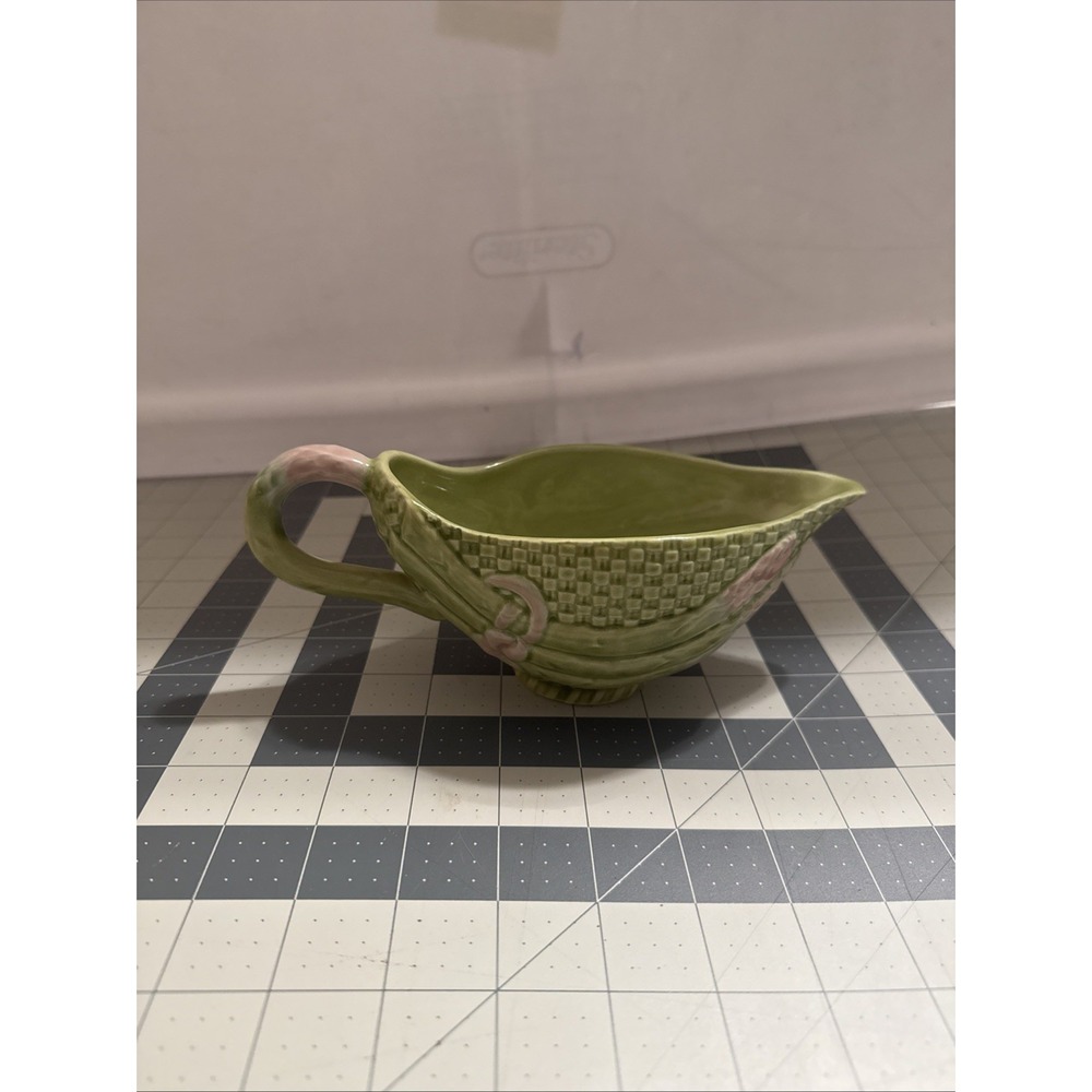 Vintage Bordallo Pinheiro Green/Pink Asparagus Gravy Boat Portugal